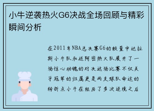 小牛逆袭热火G6决战全场回顾与精彩瞬间分析